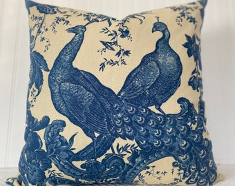 BEAUTIFUL FRENCH TOILE- Peacocks- Botanical Floral and Birds Design-Designer Pillow Cover - Shades of Delft Blues - Ivory - Cream