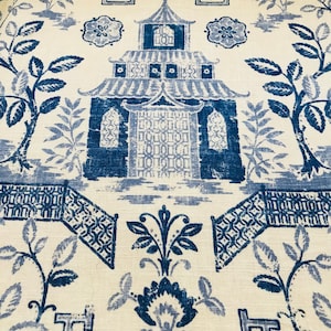 ASIAN PAGODA Design -Both Sides  -Indigo /Ivory -Decorative Pillow Cover .-Designer Fabric -Indigo Blue / Ivory Throw /Lumbar