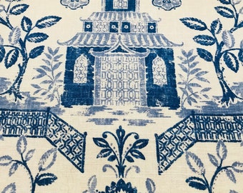 ASIAN PAGODA Design -Both Sides  -Indigo /Ivory -Decorative Pillow Cover .-Designer Fabric -Indigo Blue / Ivory Throw /Lumbar