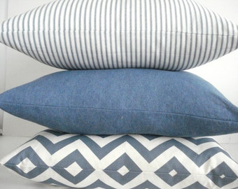 Designer Pillow Covers- Both Sides- denim blue - blue/ivory ticking- blue/ivory chevron , throw and lumbar pillow covers