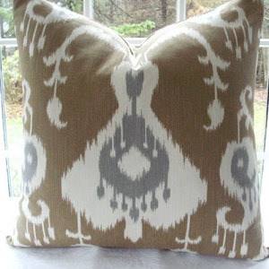 BOTH SIDES-Ikat --Designer Decorative Pillow Cover --Cafe Au Lait Tan Ivory , Steel Grey Throw and Lumbar Pillow Covers