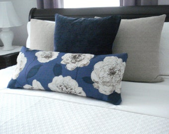 Indigo Navy Floral Throws/Lumbars/Bolsters- Both Sides -Decorative Designer Pillows, Deep Navy / Ivory and Indigo  Taupe Pillow Covers