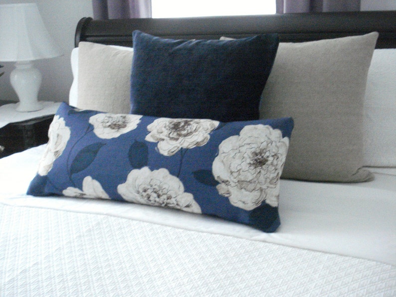 Indigo Navy Floral Both Sides-Decorative Designer Pillows, Deep Navy / Creamy Ivory and Indigo Taupe Pillow Covers image 2