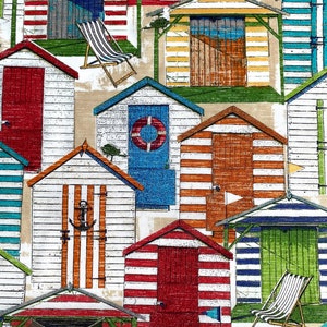 May include: A colourful pattern of beach huts with red, white and blue stripes. Some huts have doors, windows and life preservers. There are also beach chairs and flags.