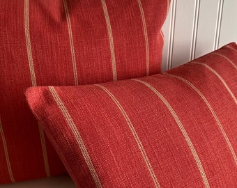 PKL STUDIOS STRIPE-Textured Red/Orange Hue /Ivory - Designer Decorative Pillow Cover -Woven Red /Ivory stripe  Lumbar and Bolster Covers