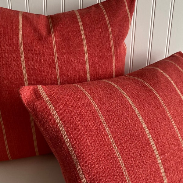 PKL STUDIOS STRIPE-Textured Red/Orange Hue /Ivory - Designer Decorative Pillow Cover -Woven Red /Ivory stripe  Lumbar and Bolster Covers