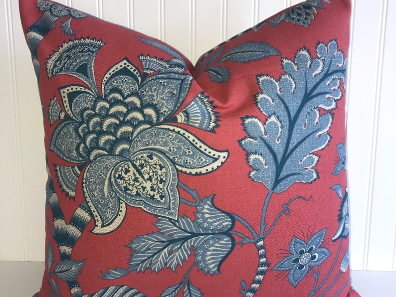 RED KAUFMAN BELMONDO Woven Decorative Designer Pillow Cover Coral /Red Blue Paisley Floral Throws /Lumbar Pillow Covers image 1