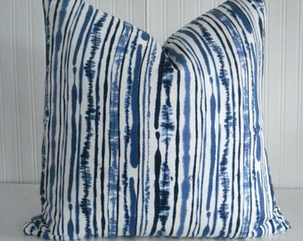 DURALEE-SABAKI STRIPE -Both Sides-Decorative Pillow Cover--Designer Fabric -Ikat Stripe - Blues- Indigo - Ivory White Throw / Lumbar Pillow