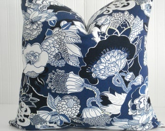 DURALEE KIJI FLORAL   Cover- Decorative Designer Pillow Cover-Indigo-Navy -White -Throw and Lumbar Covers