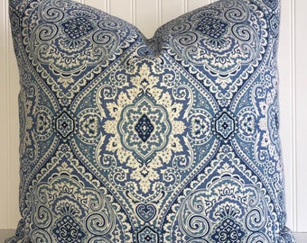 SWAVELLE PURANA DAMASK -Decorative Designer Pillow  Cover -Blues and Ivory- Linen-  Throw and Lumbar  Covers