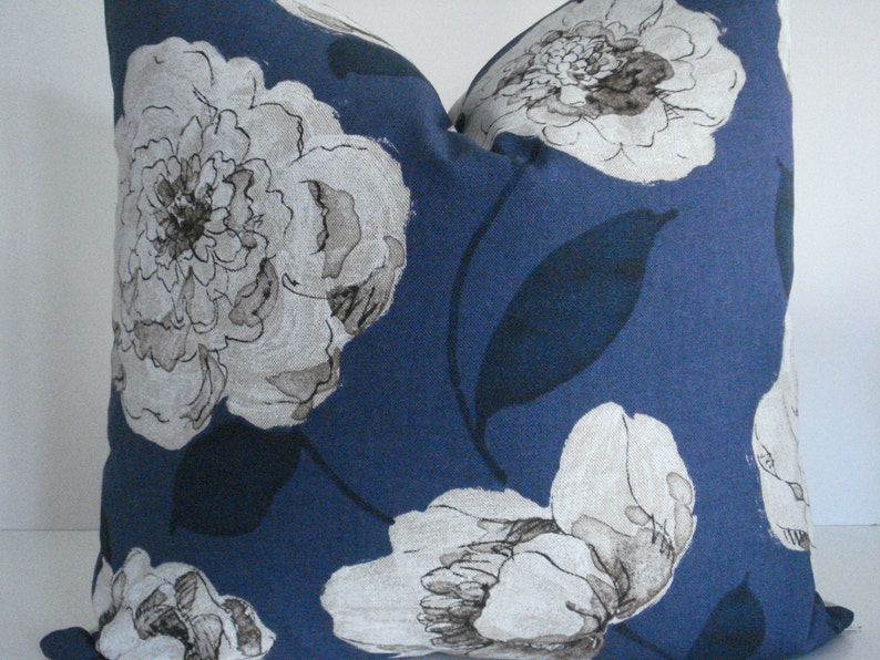 Indigo Navy Floral Both Sides-Decorative Designer Pillows, Deep Navy / Creamy Ivory and Indigo Taupe Pillow Covers image 4