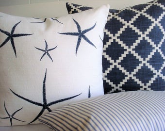 CHOOSE YOUR COORDINATES-Nautical Designs -Decorative Designer covers -Sea Stars- Geometric - Indigo / off white  Ticking  - Throw /Lumbar