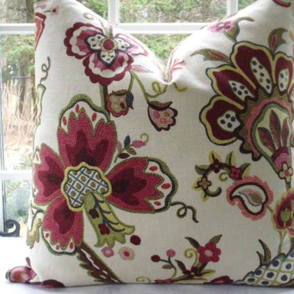 Last Ones -KAUFMAN CREWEL DESIGN-Decorative  Designer Pillow Cover-Throw and Lumbar  Covers-Pink- Fuchsia -Cream