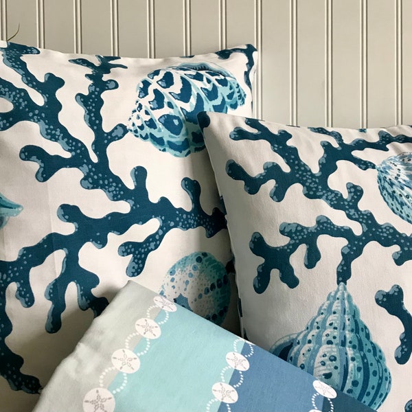 COASTAL MARINE LIFE-Kaufman Coral Reef Motifs-Decorative Designer Pillow Cover-Navy -White-Aqua-Neutral Throw and Lumbar Covers
