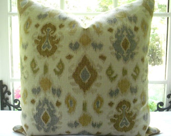 Decorative Designer Pillow cover - IKAT -Ikat Throw Pillow-20x20--Linen --Soft golds ,blues,tan, green -Ivory-- -