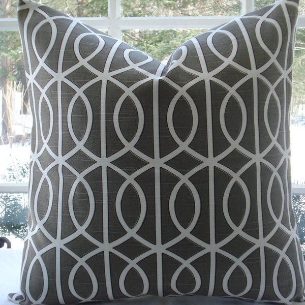BOTH SIDES- Bella Porte -Geometric Decorative Pillow Cover...-Designer Fabric-- Charcoal -Trellis Design---Charcoal Grey/ off white