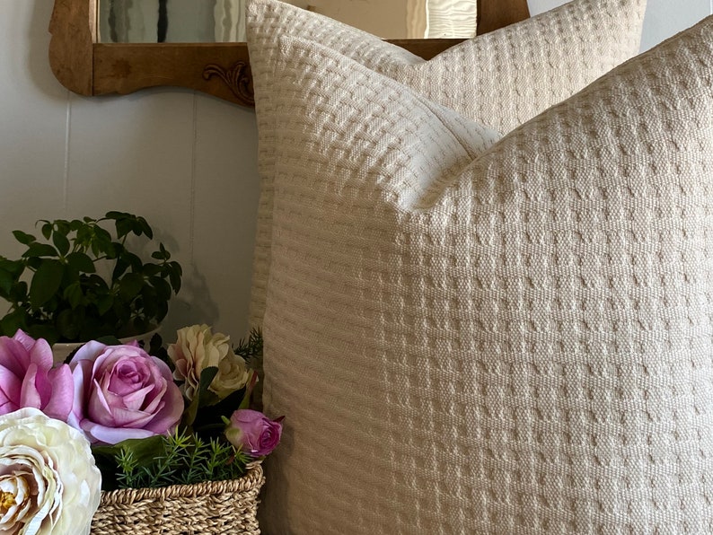 TEXTURED BASKETWEAVE COTTON Farmhouse Decorative Designer Pillow Cover Creamy Natural Cotton Throw / Lumbar /Bolster Pillow Cover image 5