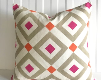 JONATHAN ADLER VIONNET Fuchsia For Kravet -Decorative Designer Pillow Cover -Diamond Motifs- Geometric-Pink/Taupe/orange Ivory-Throw /Lumbar