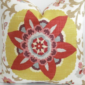 BOTH SIDES LinenP Kaufmann Decorative Pillow Cover-SILSILA CurryRed-Yellow-Teal-Grey-Tan and Cream Throw/Lumbar Pillow image 4