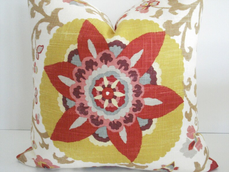 BOTH SIDES LinenP Kaufmann Decorative Pillow Cover-SILSILA CurryRed-Yellow-Teal-Grey-Tan and Cream Throw/Lumbar Pillow image 4