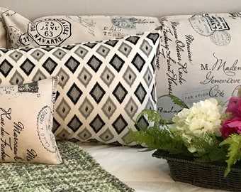 French Script Decorative Pillow Cover – Black, Grey, Ivory