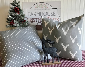 Moose Antlers Design-French Farmhouse Gray- Decorative Designer Pillow Cover-French Grey/Ivory- Throw and Lumbar Pillow Covers