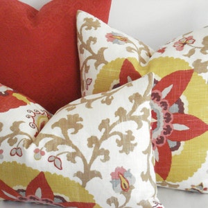 BOTH SIDES LinenP Kaufmann Decorative Pillow Cover-SILSILA CurryRed-Yellow-Teal-Grey-Tan and Cream Throw/Lumbar Pillow image 2