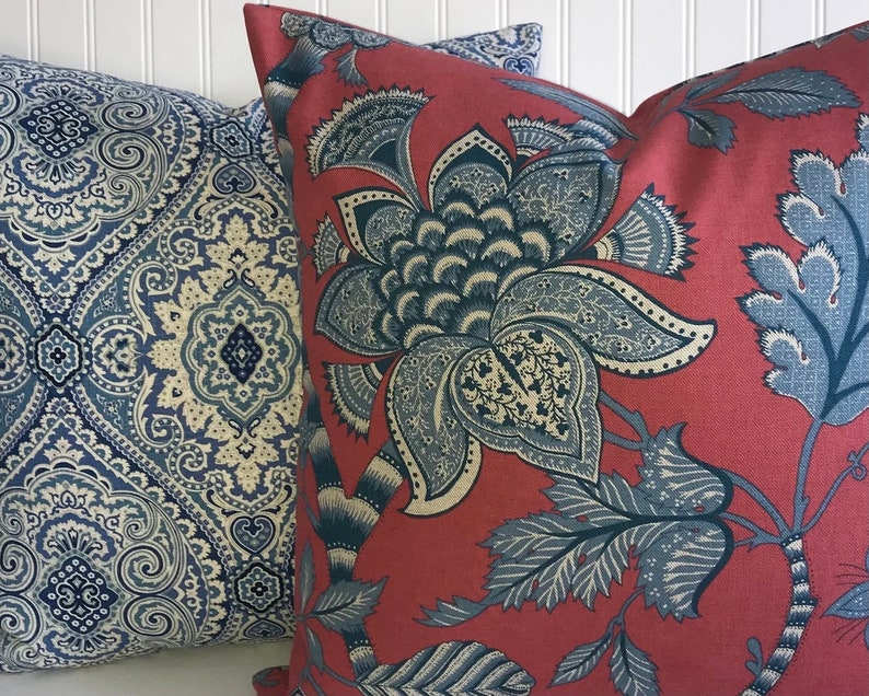 RED KAUFMAN BELMONDO Woven Decorative Designer Pillow Cover Coral /Red Blue Paisley Floral Throws /Lumbar Pillow Covers image 4