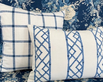 SARAH RICHARDSON /KRAVET-Bamboo Stripe- Lattice-Decorative Designer Pillow Cover- Blues and Light  Ivory - Throw and Lumbar Covers