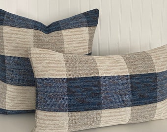 ARTISRY BUFFALO CHECK Woven Basketweave- Indigo/Tan/Ivory - 41/2 inch Squares- Blues-Beige-Ivory -Throw and Lumbar Covers
