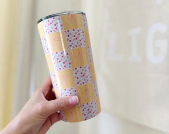 Karierte Blumen Bogen Becher: Pink Ribbon Edelstahl Reisebecher