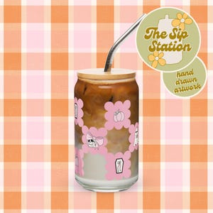 Cute Spooky Halloween Glass Can Cup • 16 oz • Iced Coffee Cup • Pink Girly Goth Fall Aesthetic Tumbler