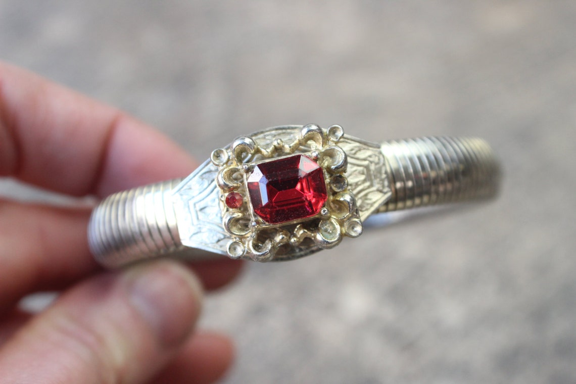 Vintage Expansion Bracelet / Gold Tone Faux Ruby Costume Etsy