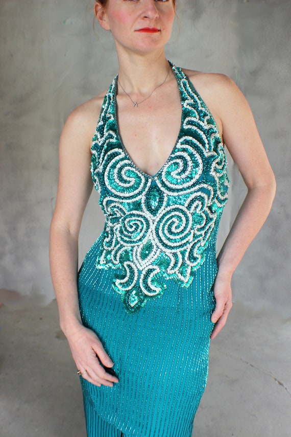 Items similar to Vintage Sequin Beaded Cocktail Dress Long Turquoise