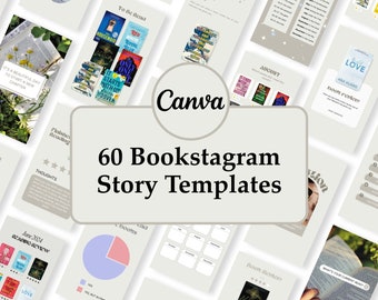 May include: A collection of 60 Instagram story templates for bookstagram featuring a variety of designs with book covers, text, and graphics. The templates are designed in a minimalist style with a neutral color palette.