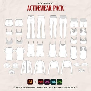 Pacchetto di design per abbigliamento sportivo: schizzi piatti, disegni tecnici, illustrazioni vettoriali, modelli di abbigliamento sportivo, mockup di abbigliamento fitness