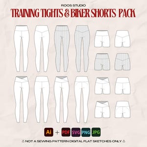 Peut inclure: Un pack de croquis plats numériques de collants d'entraînement et de shorts de cycliste. L'image présente divers modèles de leggings et de shorts dans un style minimaliste. Le texte "TRAINING TIGHTS & BIKER SHORTS PACK" est en haut. Des icônes de type de fichier sont en bas.