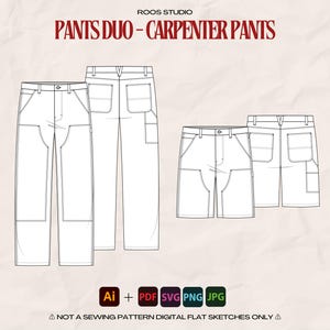 Carpenter Pants Duo – Double Knee Carpenter Pants & Carpenter Jorts | Flat Sketches, Technical Drawing and Vector illustrations.