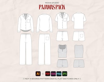 Pajama Design Pack – Flat Sketches, Technical Drawings, Vector Illustrations, Pajama Templates, Loungewear Mockups