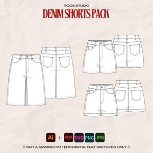 Puede incluir: Dibujos lineales de shorts vaqueros en varios estilos. La imagen incluye vistas frontal y trasera de diferentes diseños de shorts, incluyendo estilos Bermuda y clásicos. El texto "DENIM SHORTS PACK" está en la parte superior.