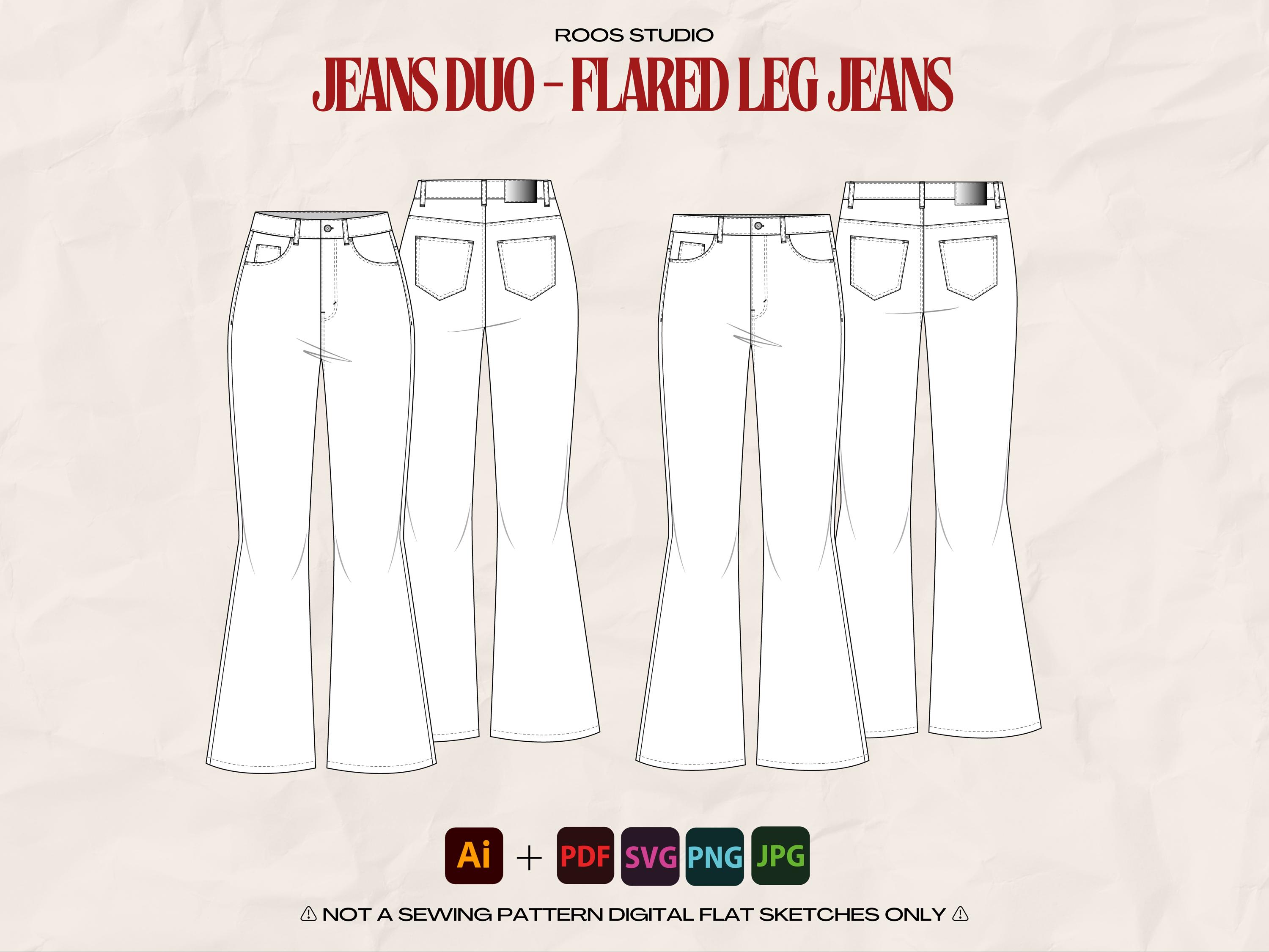 Flared Leg Jeans Flat Sketch Duo – Technical Drawings (digital