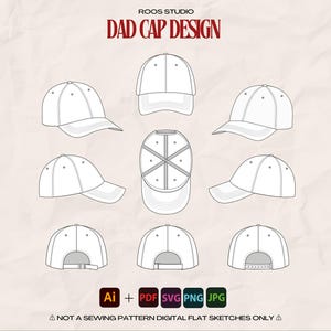 Dad Cap Design – Flat sketches, Technical drawings, Vector illustrations for hats, Cap design, Fashion tech pack, Vector sketch