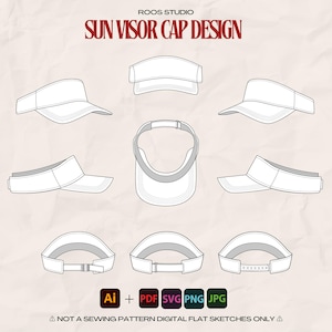 May include: A digital flat sketch design of a sun visor cap. The image shows multiple views of the visor, including front, side, and top perspectives. The text "SUN VISOR CAP DESIGN" is displayed in maroon. The image also includes file type icons.