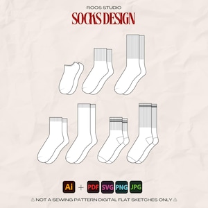 Puede incluir: Ilustración digital de varios diseños de calcetines blancos, incluyendo calcetines tobilleros, calcetines deportivos y calcetines hasta la rodilla. El texto "SOCKS DESIGN" está en la parte superior, con iconos de tipo de archivo debajo. Fondo texturizado, blanquecino.