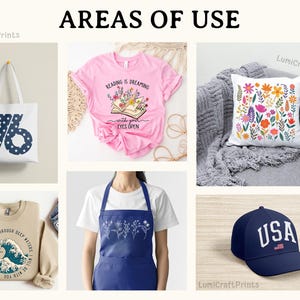 May include: A collage of products including a tote bag with "76" in red, white, and blue, a pink t-shirt with a book and floral design, a floral pillow, a tan sweatshirt with a wave graphic, a blue apron with floral embroidery, and a navy blue "USA" hat.