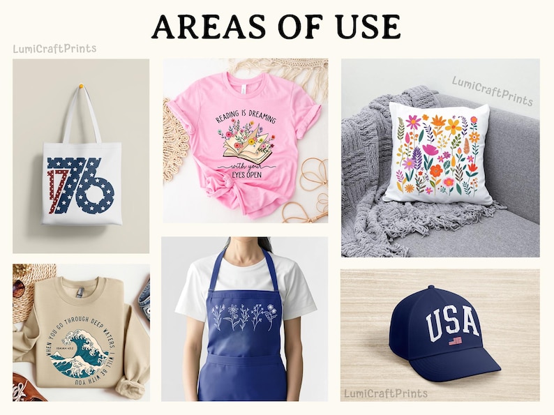 May include: A collage of products including a tote bag with "76" in red, white, and blue, a pink t-shirt with a book and floral design, a floral pillow, a tan sweatshirt with a wave graphic, a blue apron with floral embroidery, and a navy blue "USA" hat.