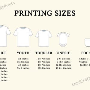 May include: Diagram showing printing sizes for adult, youth, toddler, onesie, and pocket designs. Adult sizes range from S (10 inches) to 5XL (13 inches). Youth sizes range from S (8 inches) to XL (9 inches). Toddler sizes range from 2T (7 inches) to 5T (8 inches).
