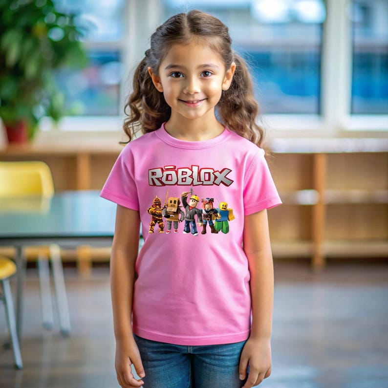 May include: A young girl wearing a pink t-shirt with the word "ROBLOX" in red and white letters. Below the text are several cartoon characters. The girl is wearing blue jeans.