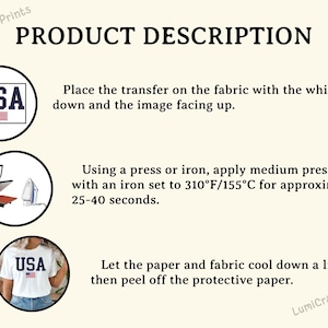May include: Product description graphic with instructions for applying a transfer to fabric. Includes images of a shirt with "USA" and the American flag, a heat press, and an iron. Instructions include temperature and time.