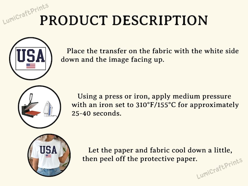 May include: Product description graphic with instructions for applying a transfer to fabric. Includes images of a shirt with "USA" and the American flag, a heat press, and an iron. Instructions include temperature and time.